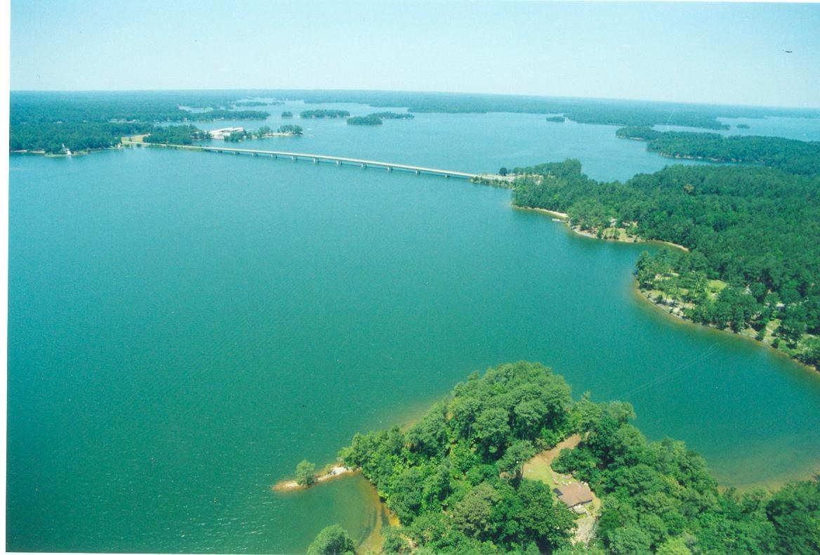 Aerial view of Lake Martin Alabama and Kowaliga Bridge