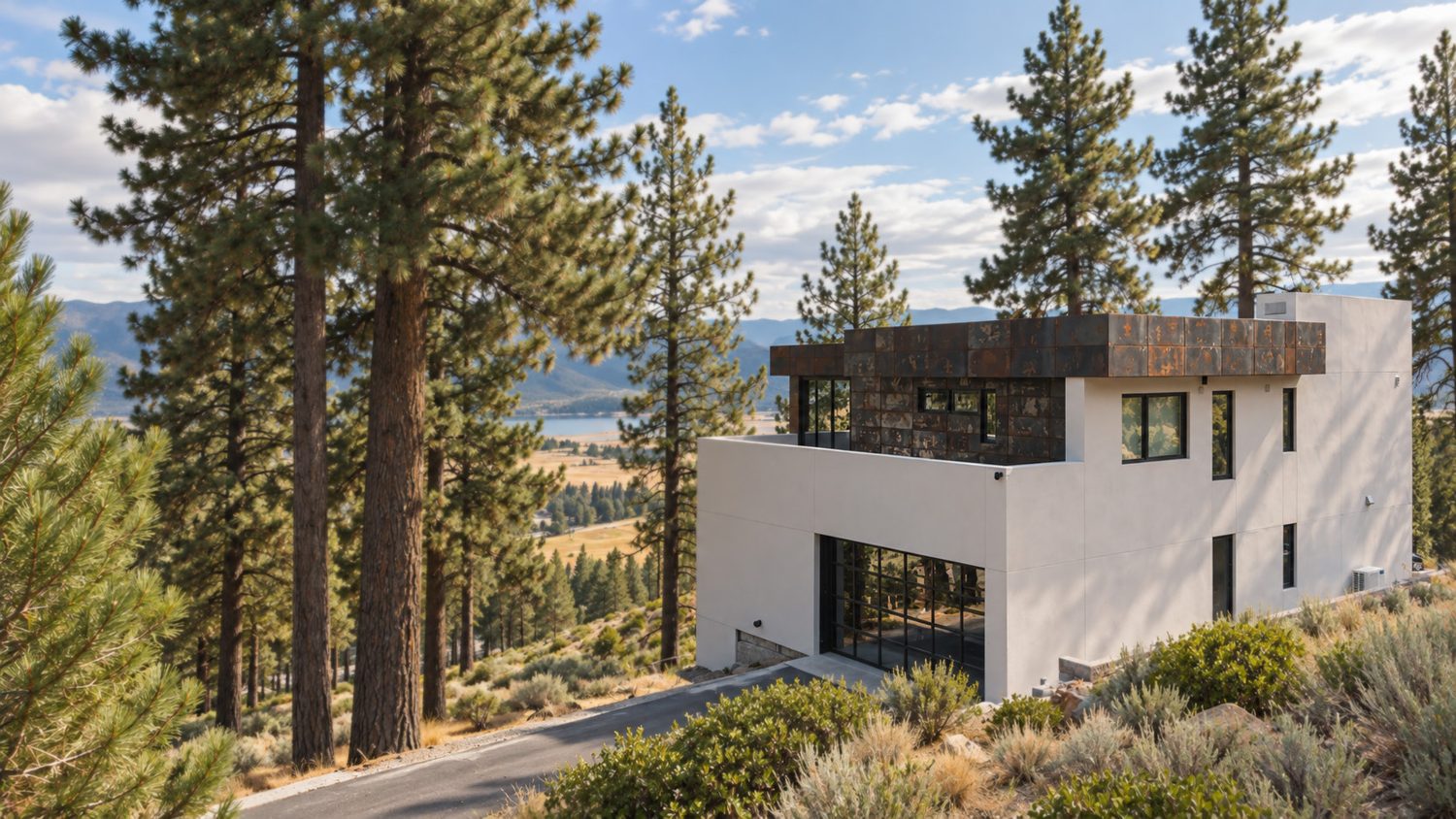 Uphill elevation with stucco enclosure and terrace