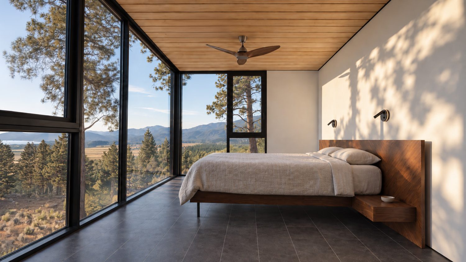 Bedroom with glazing toward the surrounding landscape