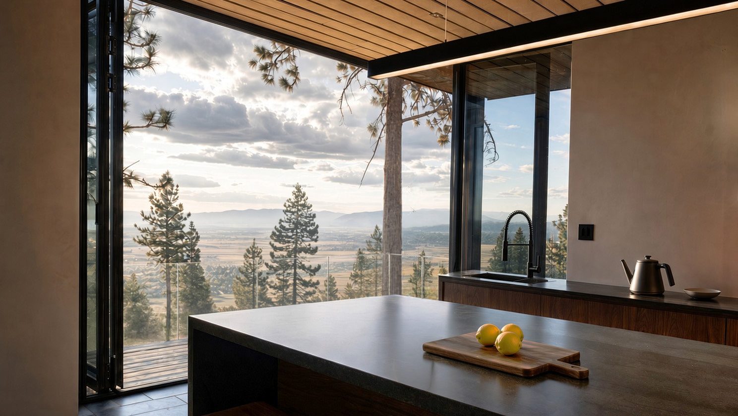 Kitchen and framed landscape view