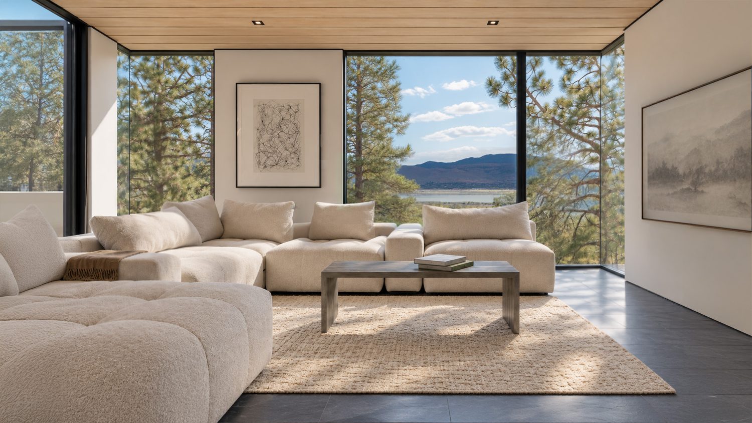 Living room opening to tree and mountain views